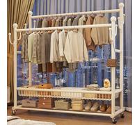 Double Rod Clothing Rack with Wheels 2 Tier Shelf & 6 Hooks Portable Garment Versatile Closet Rack for Bedroom & Living Room Storage Solutions