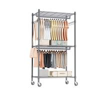 Double Rod Garment Rack / 3 tier Clothes Rail with Height-Adjustable Shelves,Clothes Rack with 2 Hooks, Clothes Rails with Wheels, 60 * 42 * 205cm,Grey