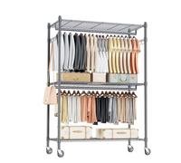 Double Rod Garment Rack/3 tier Clothes Rail with Height-Adjustable Shelves, Heavy Duty Clothes Rack with 2 Hooks, Clothes Rails with Wheels, 90 * 42 * 205cm, Grey