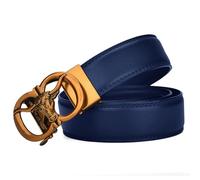 Double Row Stitch Leather Ratchet Belt - 1 3/8" (35mm) Strap Engraved Longhorn Bull Cattle Head Automatic Buckle(120cm/47, Blue)