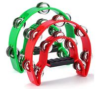 Double Row Tambourine, 2 Pack 10 inch Tambourine for Adult, Half Moon Musical Instrument with 20 Metal Jingles, Hand Held Drum Percussion for Party, Church, KTV, Red & Green