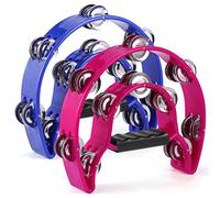 Double Row Tambourine, 2 Pack 10 inch Tambourine for Adult, Half Moon Musical Instrument with 20 Metal Jingles, Hand Held Drum Percussion for Party, Church, KTV, Rose Red & Blue