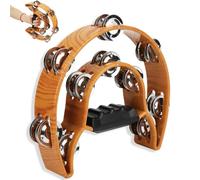 Double Row Tambourine, Handheld Musical Percussion Tambourines with Ergonomic Handle Grip Half Moon Musical Tambourine Percussion Drum for Adults, Church, KTV, Party (Brown)