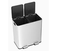 Double Rubbish Bin 60L, 2 x 30L Waste and Recycling Kitchen Bin with 2 Compartment Pedal System, Soft Closure and Removable Inner Buckets, Stainless Steel Trasn Can for Home Office Waste Separation