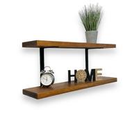 Double Rustic Wooden Shelves Wall-Mounted Shelf with Seated Double Black L Brackets, Solid Timber - Ideal for Kitchen (Tudor Oak, 120cm (1.2m) MKGT Dark Brown 2 Pack
