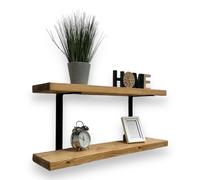 Double Rustic Wooden Shelves Wall-Mounted Shelf with Seated Double Black L Brackets, Solid Timber - Ideal for Kitchen (Rustic Pine, 60cm (0.6m) MKGT Light Oak 2 Pack