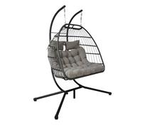 Double Seats Foldable Rattan Swing Chair Hammock with Steel Stand Weather-Resistant Hanging Chair for Patio Garden Indoor Outdoor (Double Grey Ratten Hanging Chair with Light Grey Cushion)