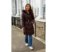 Double Second Long Padded Belted Puffer In Brown Brown 18