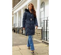 Double Second Long Padded Belted Puffer In Navy Navy
