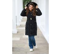 DOUBLE SECOND Women's Long Padded Belted Puffer in Black | Size: 12 DOUBLE SECOND Black 12
