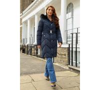DOUBLE SECOND Women's Long Padded Belted Puffer in Navy | Size: 14 DOUBLE SECOND Navy 14