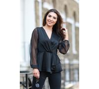 DOUBLE SECOND Women's Wrap Frill Front Satin Top in Black | Size: 10 DOUBLE SECOND Black 10
