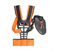 Double shoulder strap harness for lawn mower and trimmer use, featuring adjustable fit and padded support for comfortable extended wear
