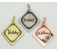 Double Side Engraving Diamond Shape Floral Wreath Flowers Shape ID Name DISC Personalised PET Dog CAT TAG Different Font Tags-Laser Engraving (Silver)