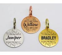 Double Side Engraving Round Shape Floral Wreath Flowers Shape ID Name DISC Personalised PET Dog CAT TAG Different Font Tags-Laser Engraving (M-30mm, Silver)