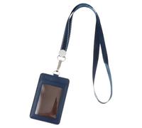 Double Side Leather Id Card Holder with Lanyard Blue