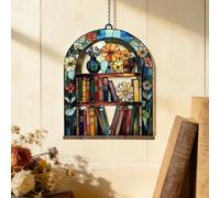 Double Sided Acrylic Book Lover Gifts - Arch Shaped Stained Glass Effect Hanging Ornament with Bookshelf Design, Easy to Install Home Decor for Windows, Shelves (15x15cm)