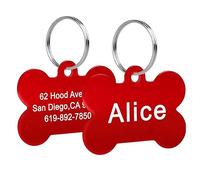 Double-Sided Bone-Shaped Personalised Engraved Pet ID Tag for Dog & Cat Collars - Lightweight Aluminium (Red)