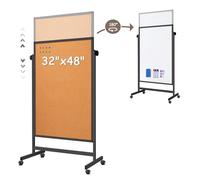 Double Sided Cork Board White Board, 32 x 48 inches Large Cork Board for Office, Height Adjustable Magnetic Dry Erase Board on Wheels, Portable Freestanding Natural Corkboard for Displaying, Planning