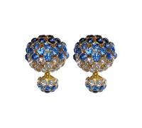 Double-Sided Crystal Ball Stud Earrings, Blue and Clear Rhinestones, Gold-Tone, Large, Metal, Rhinestone