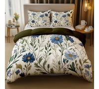 Double Sided Duvet Cover Set, Simple Wildflower Painting Printed Reversible Bedding set 3 Piece, Hotel Quality Single Quilt Case with 2 Pillowcases for Women Girls Dark Green