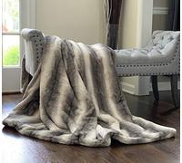 Double Sided Faux Fur Throw Blanket Silky Soft Oversized Afghan Machine Washable, Grey Striped Mink Chinchilla Shadow Fox (Charcoal, X-Long)