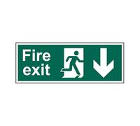 Double Sided Fire Exit Sign Arrow Down 3mm Foamed PVC Board Pre-Drilled Corners Complete With Hanging Fixing Kit W450mm x H150mm