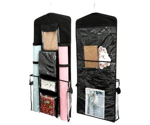 Double-Sided Hanging Gift Bag Over the Door Wrapping Paper Gift Bag Storage Hanging Gift Wrap Organizer Hanging Gift Wrapping Paper Storage Organizer Bag with Multiple Pocket for Door Cabinet (Black)