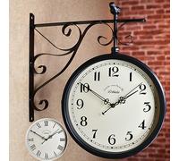 Double Sided Industrial Clocks - Outdoor Garden Wall Mounted Clock, Vintage Train Station Clock with Station Bracket for 360°Rotation, Wrought Iron Hanging Clock