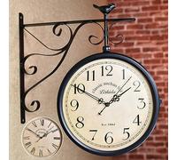 Double Sided Industrial Clocks - Outdoor Garden Wall Mounted Clock, Vintage Train Station Clock with Station Bracket for 360°Rotation, Wrought Iron Hanging Clock
