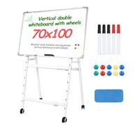 Double-Sided Magnetic Whiteboard with Stand and Wheels, Mobile Dry Erase Board, Height Adjustable Rolling Whiteboard, Reversible White Board for Office, Classroom & Home Teaching (70x100 cm)