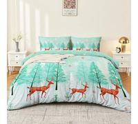 Double-sided Microfiber Duvet Cover Set - Watercolor Pine Forest Sika Deer Printed Reversible Quilt Cover with Zipper Closure & Corner Ties, Light Green Single Bedding Set with 2 Pillowcases