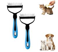 Double Sided Pet Grooming Brush, 2-in-1 Dematting & Deshedding Comb with Curved Stainless Steel Teeth, Detangler Rake Removes Knots Mats & Loose Fur, Ergonomic Grooming Tool (Blue, 2pcs)
