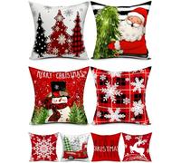 Double-Sided Print Christmas Pillow Covers 18''x18'', Set of 4, 8 Christmas Patterns Christmas Tree, Snowman, Snowflakes, Merry Christmas, Deer, Santa Claus,Truck, Let It Snow, Soft Linen Material