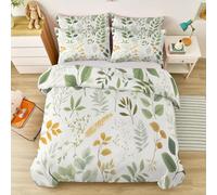 Double-sided Printing Duvet Cover - Nature Leaves Plants Printed Bedding Sets 260 x 220 cm, Beige Super King Size Quilt Cover Soft Breathable Microfibre 3Pcs for Adults Teenager