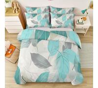 Double-sided Printing Duvet Cover - Nature Plants Leaves Printed Bedding Sets 260 x 220 cm, Light Gray Super King Size Quilt Cover Soft Breathable Microfibre 3Pcs for Adults Teenager