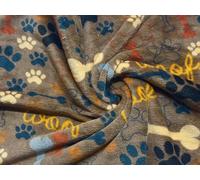 Double Sided Super Soft Cuddle Fleece Fabric Material Bones Paws WOOF Taupe 1MTR