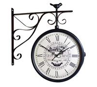 Double Sided - Wrought Iron Vintage-Inspired Station Clock with Scroll Wall Side Mount - 360 Degree Rotation Home Décor