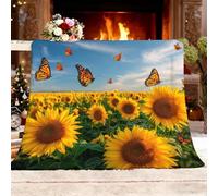 Double/Single Lightweight Warm Decorative Blanket Pastoral Sunflowers And Butterflies Ultra Soft Cozy Fleece Sherpa Throw Blanket,140x180 cm Yellow Antistatic Reversible No Shed No Pilling Cozy Fluffy
