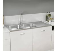 Double Sink, Silver, 1200 x 500 x 155 mm, Stainless Steel, Built-in Sink with Draining Board, Drain Fitting, Tap Hole, Siphon, for Kitchen and Utility Room
