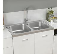 Double Sink, Silver, 800 x 500 x 155 mm, Stainless Steel Kitchen Sink, Built-in Sink with Draining Board and Drain Set, Reversible, with Tap Hole for Kitchen and Utility Room
