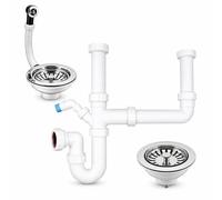 Double Sink Waste Kit with Basket Strainer Wastes & Overflow - Complete Kitchen Sink Waste Kit, 1.5" Plumbing Fittings, P-Trap with Washing Machine or Dishwasher Connector - HULTHOR