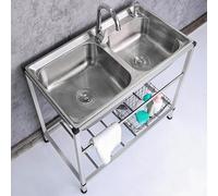 Double Sink with Shelf Kitchen Workbench with Hot and Cold Faucet, Simple Kitchen Sink, 80x43x75cm