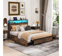 Double Size Bed Frame Metal Bed Platform LED Light Headboard and 4 Storage Drawers COSTWAY Brown One Size