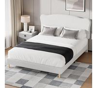 Double Size Boucle Upholstered Bed Frame With Curved Padded Headboard, Beige, 135 X 190 Cm