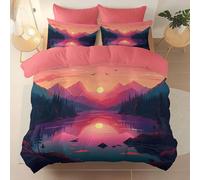 Double Size Brushed Microfiber Duvet Cover, Surrealism Lake Mountains Quilt Cover with Zipper, Pink Reversible duvet covers for Kids Boys Girls Teens Bedroom Decor