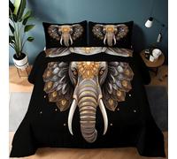 Double Size Duvet, 10.5 Tog Down Alternative Comforter Set with 2 Shams, Logo Design Elephant Print Reversible Coverless Duvet Microfiber Soft Warm Bed Quilt for All Seasons, 200 x 200 cm, Black