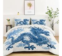 Double Size Duvet All Seasons, Asian Tradition Dragon Pattern Ultra Soft Reversible Coverless Duvet, Lightweight Down Alternative Comforter, 200x200 cm Blue for Adults, Teens & Kids