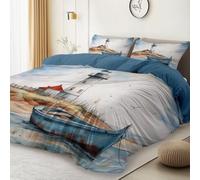 Double Size Duvet Cover Set 200 x 200 cm, Watercolor Old Wooden Boat Print Ultrasoft Comfortable Microfiber Quilt Cover - Dark Blue Easy Care Bedding Set 3 Piece with Zipper Closure