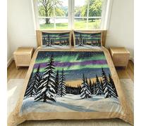 Double Size Duvet Cover Set Aurora Snow Scene Nordic Scenery 3 Piece Light Blue Bedding with Zipper Closure Breathable Soft Quilt Cover with 2 Pillowcases for Adult Kids Teens G-1955